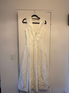 Sleeveless White Eyelet Midi Dress with Tie Front